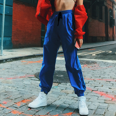 2018双杠松紧高腰ins超火的休闲裤女夏薄款学生校裤束脚直筒裤潮-淘宝网