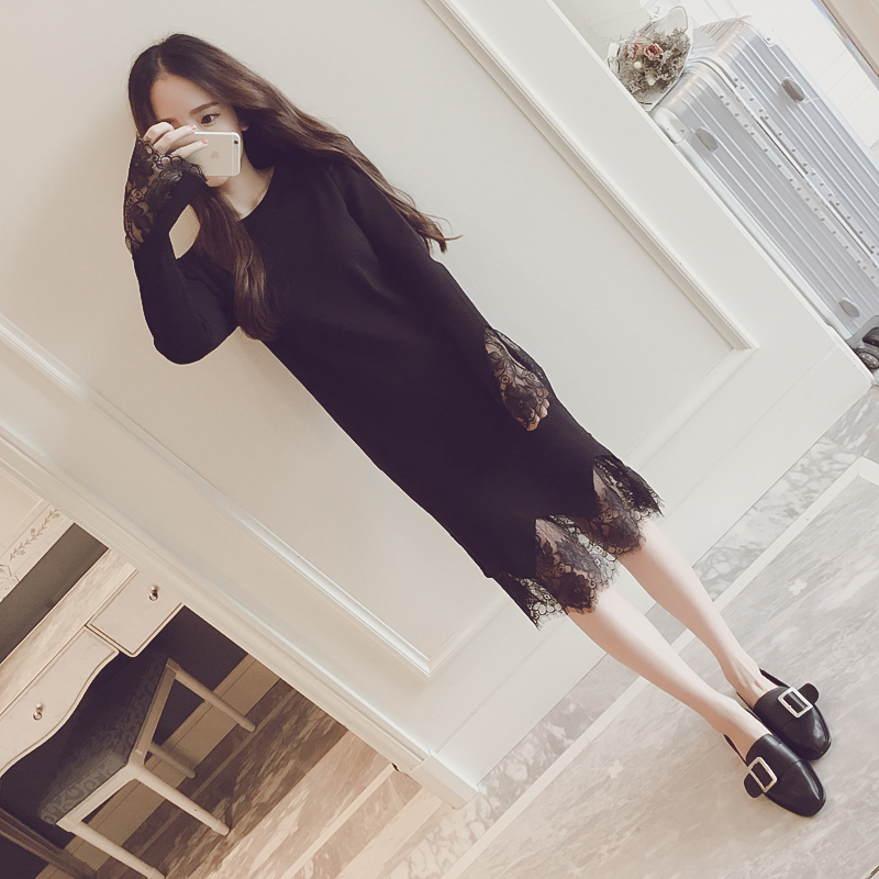 显瘦性感黑色裙子韩版中长款加厚毛衣蕾丝拼接连衣裙秋冬款