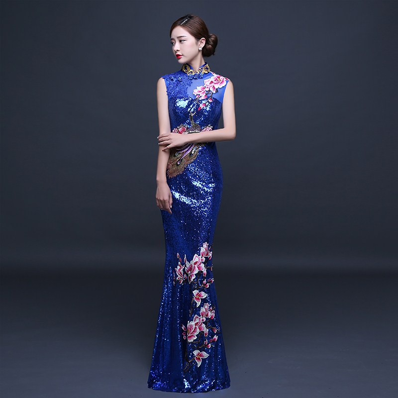 modérateur robe de soirée des femmes à 2018 de la nouvelle performance de banquet longue section de la noble slim fit élégante queue de poisson paillettes cheongsam jupe modérateur robe de soirée des femmes à 2018 de la nouvelle performance de banquet longue section de la noble slim fit élégante queue de poisson paillettes cheongsam jupe