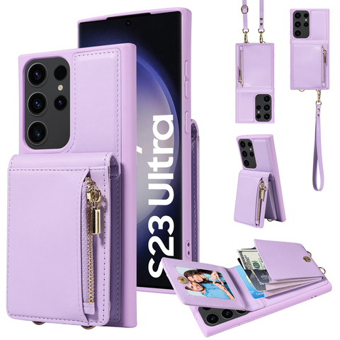 Purple — Business Leather Zipper Coin Card Holder Wallet Crossbody Lanyard Strap S23, S23 Plus, S23 Ultra, S22, S22 Plus, S22