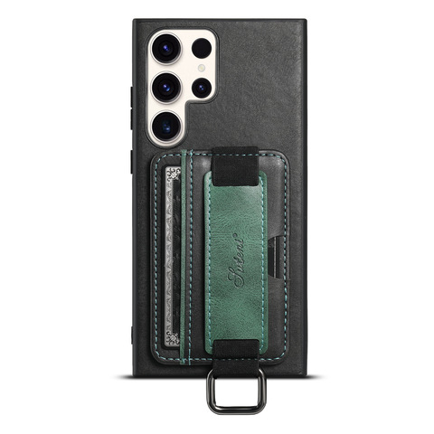 Black — Business Leather Card Slot Hand Band Strap S23, S23 Plus, S23 Ultra Samsung Phone Case