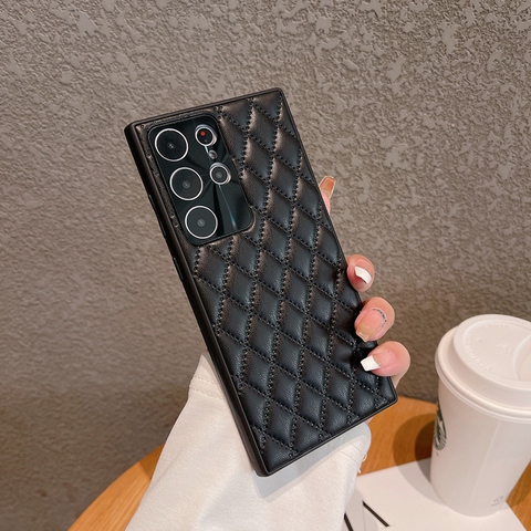 Black — Diamond Pattern Quilted Leather Silicone TPU Puffy S23, S23 Plus, S23 Ultra Samsung Phone Case