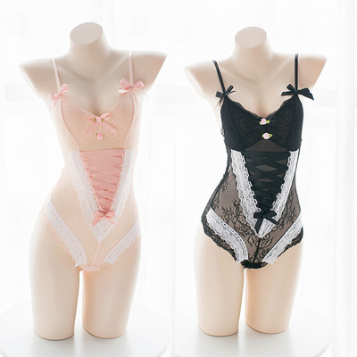 1件包邮 梦幻粉嫩蕾丝透视连体衣绑带蝴蝶结清新少女内衣-淘宝网