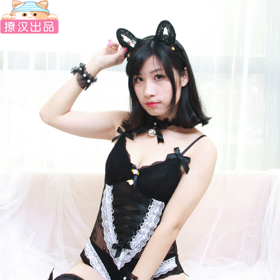 【撩汉出品】女仆装吊带内衣蕾丝绑带深V镂空超薄无钢圈连体套装-淘宝网