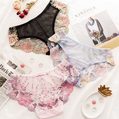 买3送1 刺绣内裤女士蕾丝低腰火辣超薄网纱冰丝性感低腰三角裤-淘宝网
