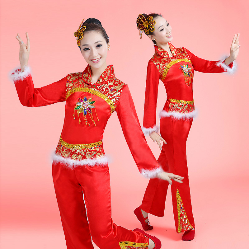2017新款開門紅秧歌舞蹈表演服裝女廣場舞腰鼓民族扇子舞演出服鼕