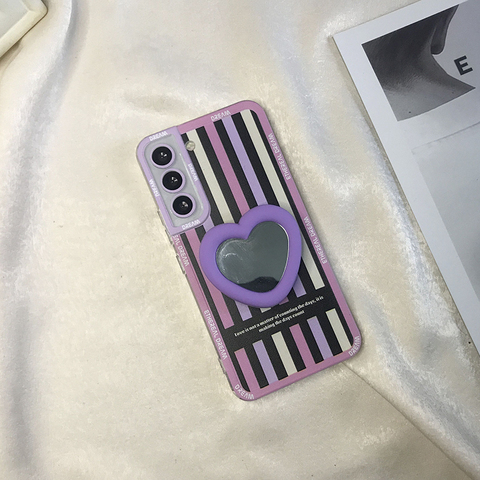 Cute Pink Butterfly Mirror Girls Candy Stripes Silicone TPU S23, S23 Plus, S23 Ultra, S22, S22 Plus, S22 Ultra, S21, S21