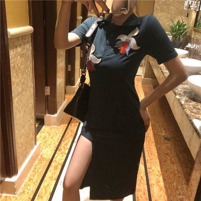 夏季韩版chic个性高开叉百搭短袖刺绣连衣裙修身显瘦打底中长裙女-淘宝网