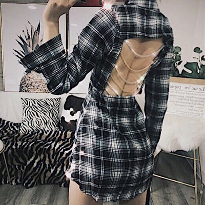 ZZ骨ZZ金属链子镂空大露背收腰复古格子一排扣中长款衬衫衬衣裙-淘宝网