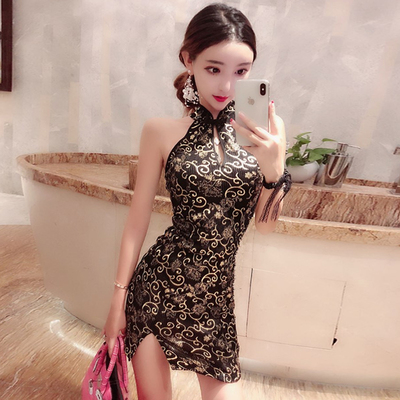 夜场女装性感2018新款露背无袖烫金开叉包臀改良旗袍挂脖连衣裙子-淘宝网 夜场女装性感2018新款露背无袖烫金开叉包臀改良旗袍挂脖连衣裙子-淘宝网