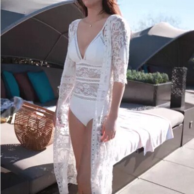DK蕾丝网纱刺绣七分袖宽松纯色长款防晒衣女比基尼外搭罩衫开衫-淘宝网