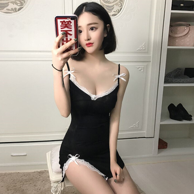 格格家 春季新款性感女神V领低胸蕾丝边棉质吊带打底睡衣连衣裙-淘宝网