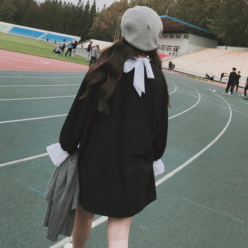 鼕裝女裝韓版學院風軟妹復古假兩件襯衫領拼接喇叭袖連衣裙學生潮