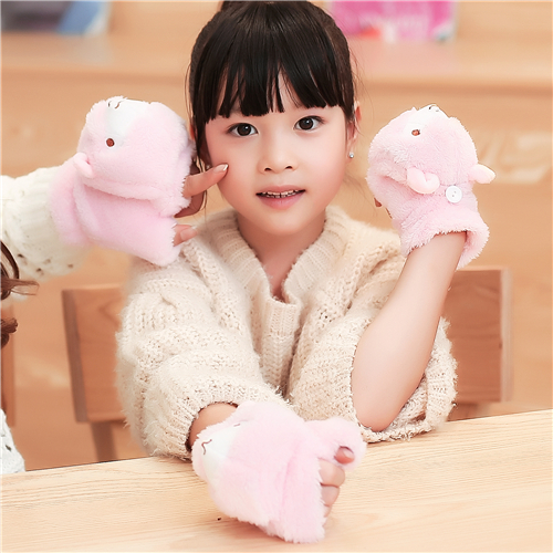 全指女童手套翻蓋鼕保暖卡通羊駝羊絨半指親子手套女可愛兒童手套