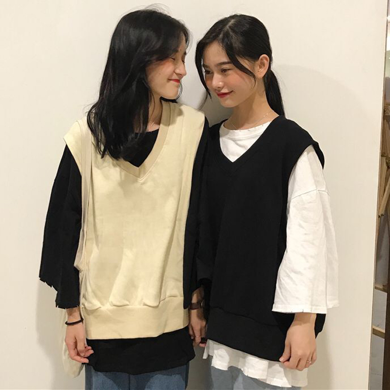 韓版時尚休閑套裝秋鼕寬松長袖T恤上衣 V領背心馬甲兩件套學生女