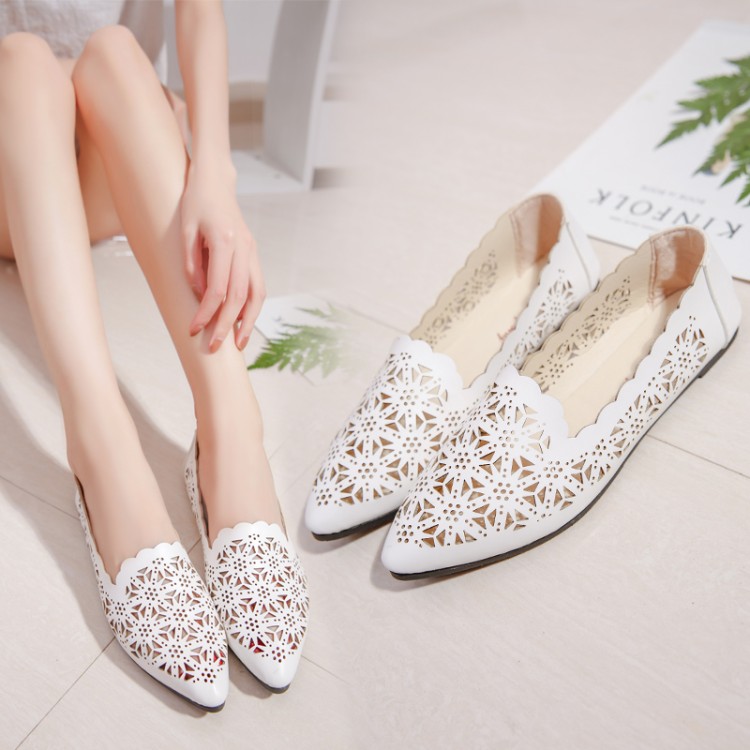 2017夏季韓版透氣鏤空女鞋尖頭平跟大碼淺口套腳白色單鞋女平底鞋