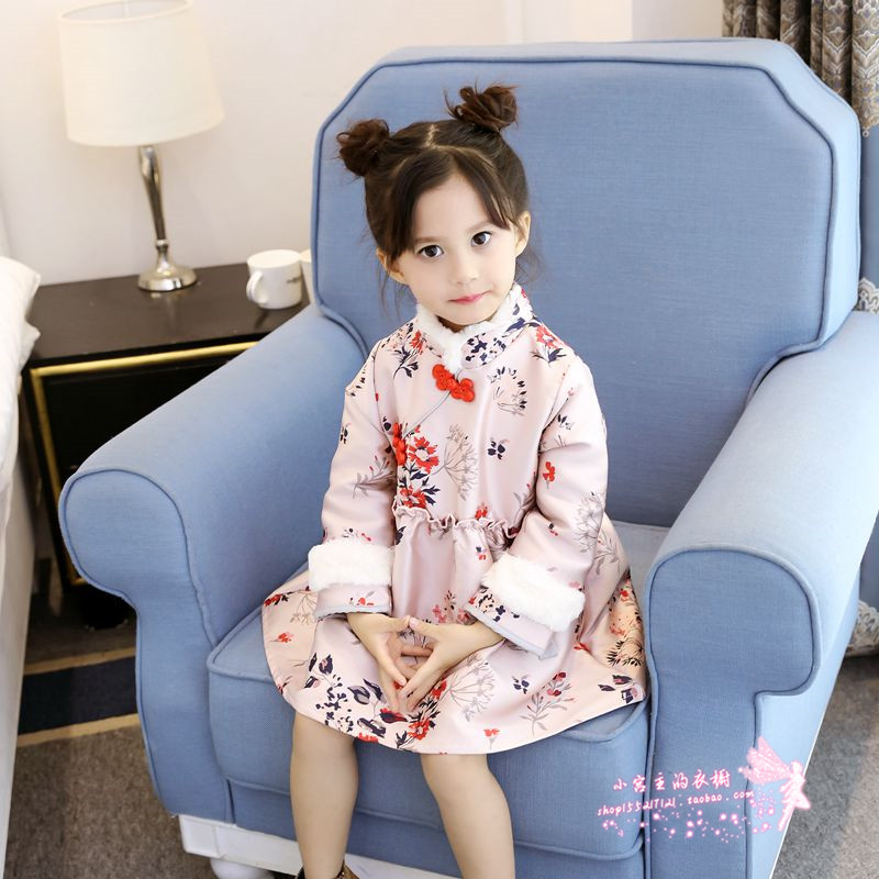 女寶寶加絨加厚連衣裙鼕季保暖嬰兒童旗袍新年款中國風周歲公主裙