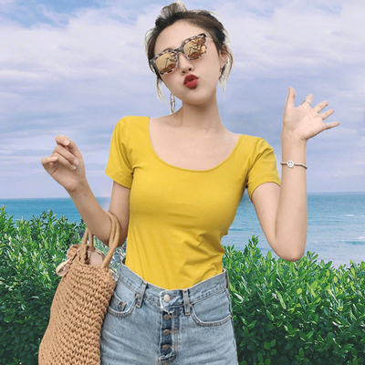 夏大领口白色t恤女短袖性感修身韩范露背上衣圆领紧身半袖打底衫-淘宝网