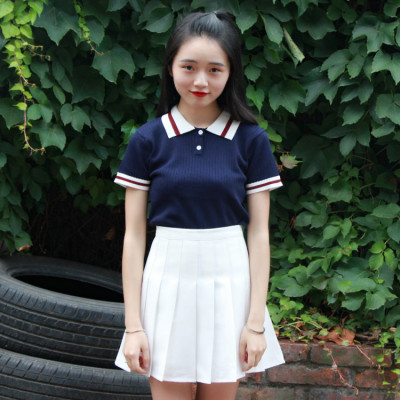 学院风翻领polo衫女2019夏季韩版小清新冰丝针织短袖T恤学生上衣-淘宝网