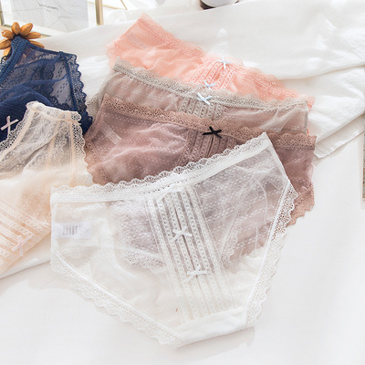 超薄蕾丝内裤女性感冰丝火辣低腰裤头少女生纯棉裆女士三角裤日系-淘宝网