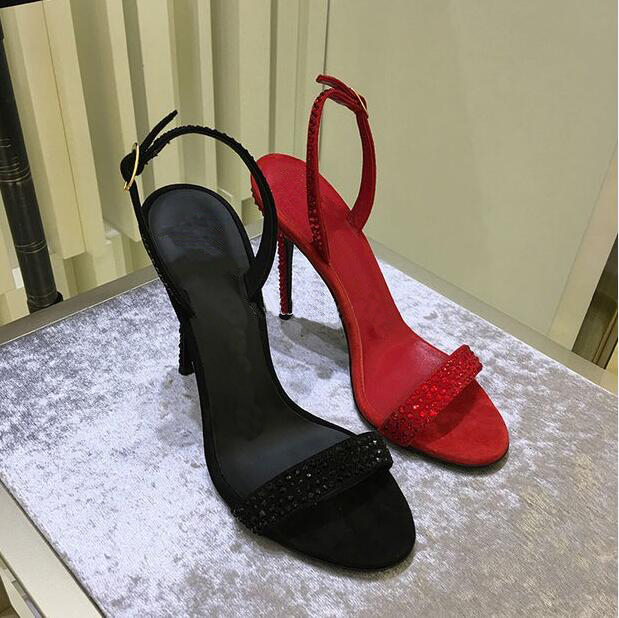 2017韓版新款紅色春夏一字帶水鑽高跟涼鞋細跟真皮舒適露趾女鞋潮