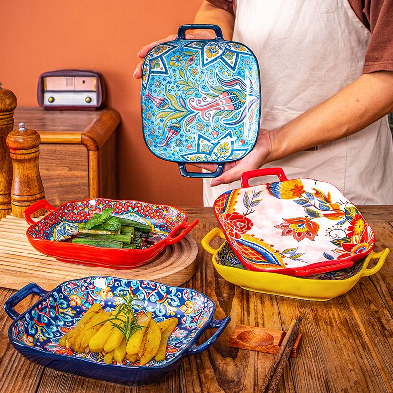 bohemian binaural square ceramic plate creative household dinner plate oven microwave stall