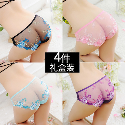 4条盒装性感内裤女 刺绣蕾丝性感三角裤低腰火辣透明诱惑内裤女新-淘宝网