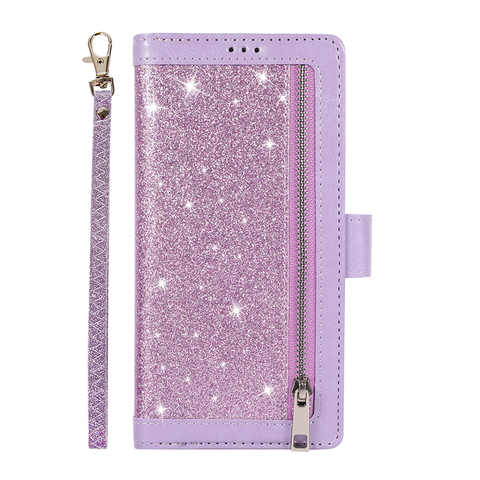 Purple — Shiny Glitter Bling Girls Wallets Folio Flip Magnetic Synthetic Leather Card Holder Folding Stand S23, S23 Plus, S23