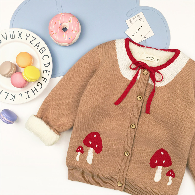 ins爆款秋鼕 兒童寶寶可愛蘑菇針織毛衣女童加厚加絨毛衣開衫外套