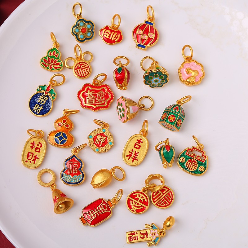 National Fashion Ancient Style Alluvial Gold Small Dripping Old Gold Enamel Color Burning Blue DIY Small Accessories Lock of Good Wishes Lotus Seedpod Pendant Ornaments