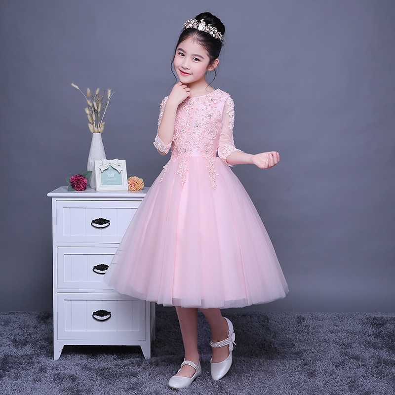 兒童禮服鋼琴演出服中袖粉色短裙花童蓬蓬裙中大兒童生日公主裙女