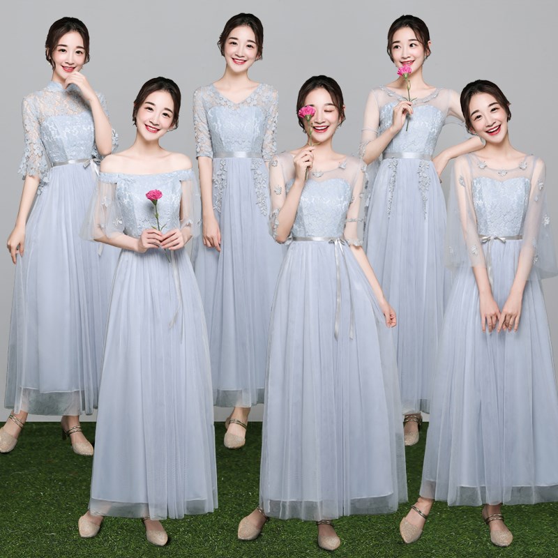 robe de demoiselles d'honneur féminine 2019 nouvelle version coréenne de la sœur du groupe de demoiselle d'honneur robes de long, gris était mince mot épaule robe d'été robe de demoiselles d'honneur féminine 2019 nouvelle version coréenne de la sœur du groupe de demoiselle d'honneur robes de long, gris était mince mot épaule robe d'été