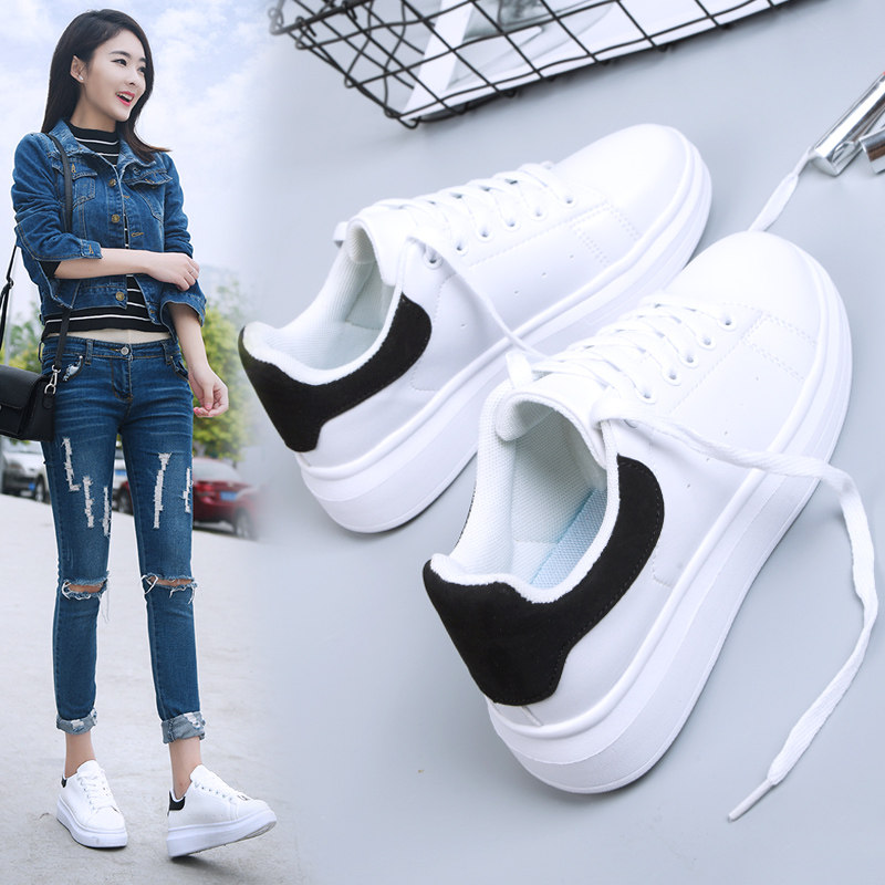 小白鞋女2017新款秋季韓版百搭厚底原宿學生港風休閑繫帶皮面鞋子