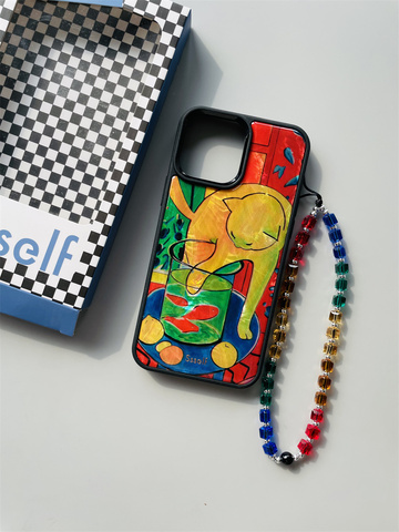 Cat Phone Cases Covers + — Ssself Unique Artsy Cat On Table Illustration Mother Of Pearl Shine Beads Wrist Lanyard Strap 14