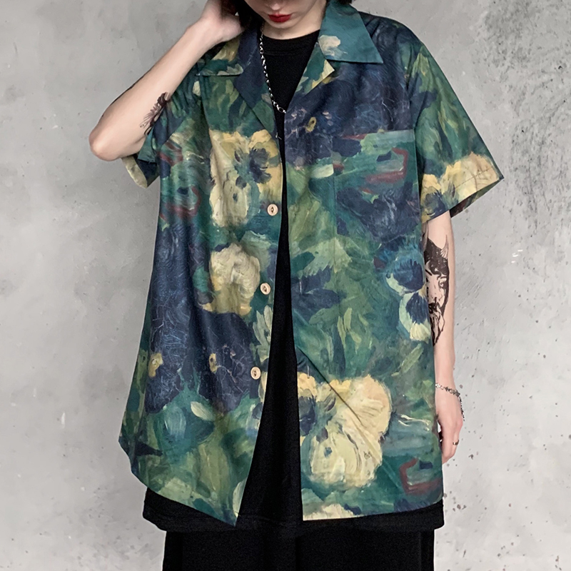 summer new Japanese retro tie Dyed oil painting full print loose drape short-sleeved shirt top female ins fashion brand