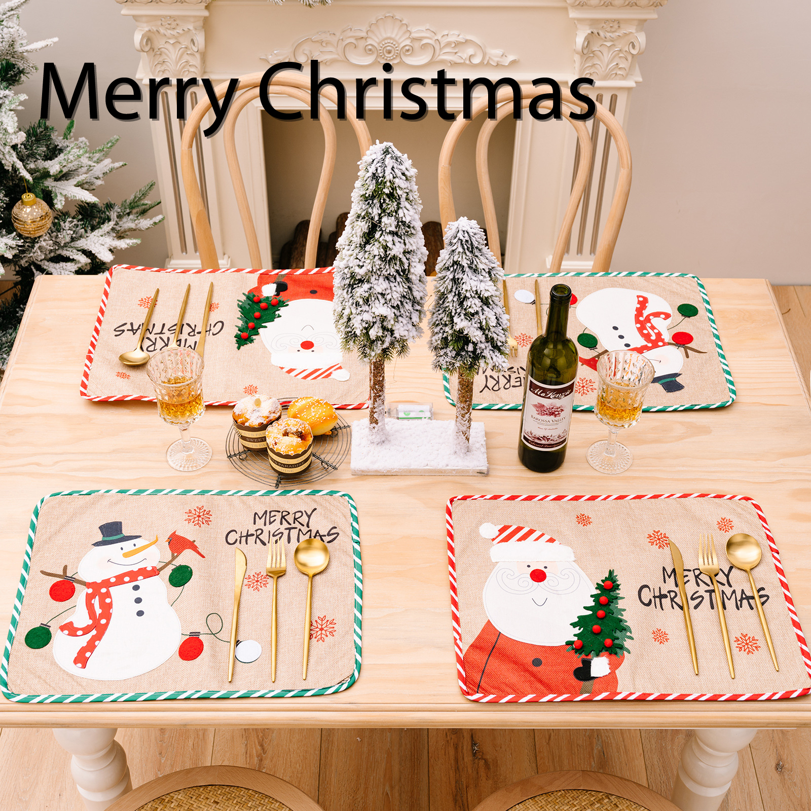 Cross-Border New Arrival Cistmas Decoration Supplies Elderly Snowman Creative Embroidery Pcemat Dining Table Dress up Heat Proof Mat Tablecloth