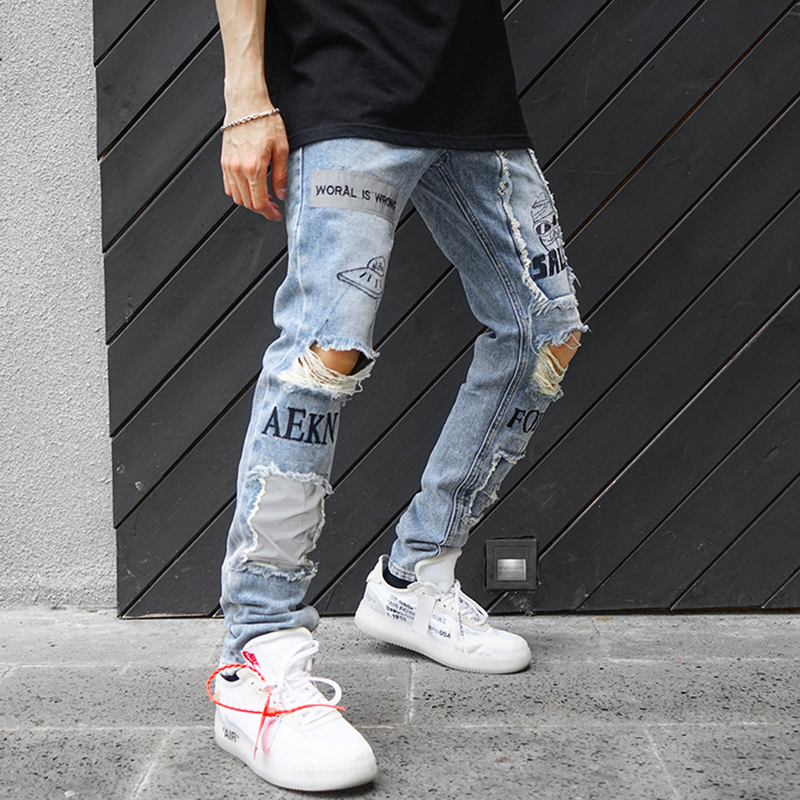 européenne et américaine de la mode de la marque ripped jeans pour les hommes de lavage à l'eau réfléchissante scratch pourri de la personnalité dj boîte de nuit de la marée pantalon hommes slim fit mendiant pantalon européenne et américaine de la mode de la marque ripped jeans pour les hommes de lavage à l'eau réfléchissante scratch pourri de la personnalité dj boîte de nuit de la marée pantalon hommes slim fit mendiant pantalon
