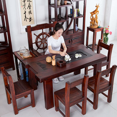 标题优化:老船木茶桌椅组合茶几新中式办公室功夫茶具套装桌子一体实木茶台