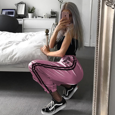 欧美2018刺绣双杠拼接高腰松紧休闲裤女夏薄款ins超火的裤子校裤-淘宝网