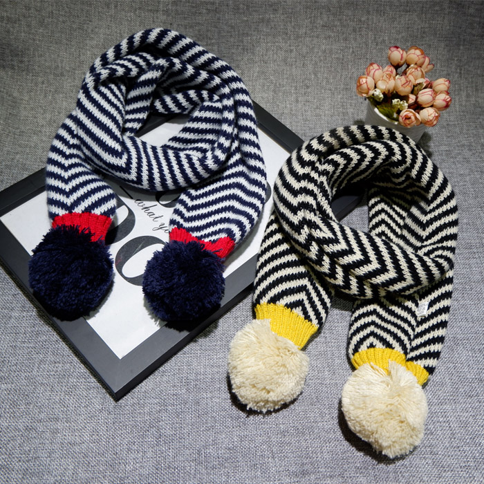 韓版寶寶圍巾鼕條紋毛球男童圍巾毛線針織保暖女兒童圍脖小孩圍巾