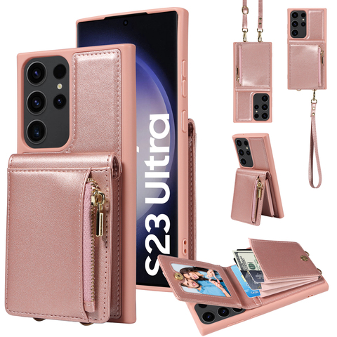 Light pink — Business Leather Zipper Coin Card Holder Wallet Crossbody Lanyard Strap S23, S23 Plus, S23 Ultra, S22, S22 Plus