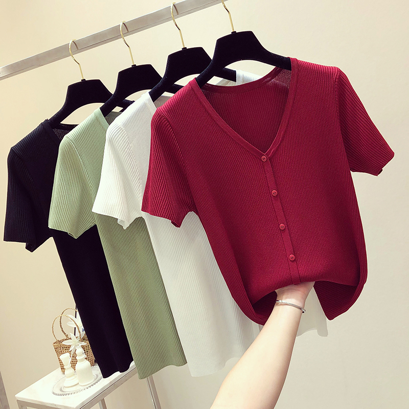 tricot t-shirt à manches courtes femme robe d'été 2019 nouvelle marée col v slim fit t-shirt version coréenne de joker plus mince creux shirt tops tricot t-shirt à manches courtes femme robe d'été 2019 nouvelle marée col v slim fit t-shirt version coréenne de joker plus mince creux shirt tops