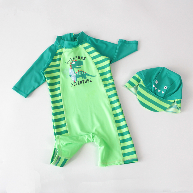 新品韓國兒童泳衣男童連體條紋綠恐龍可愛寶寶嬰兒泳褲防曬度假