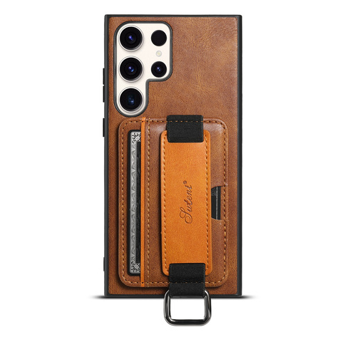 Light brown — Business Leather Card Slot Hand Band Strap S23, S23 Plus, S23 Ultra Samsung Phone Case