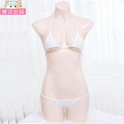 【撩汉出品】蓝白条纹比基尼套装 系带三点式棉质内衣超小比基尼-淘宝网