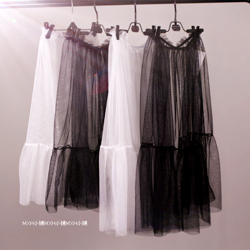2017新款透明網紗裙襯裙中長款蕾絲單層透視半身裙蕾絲荷葉邊罩裙