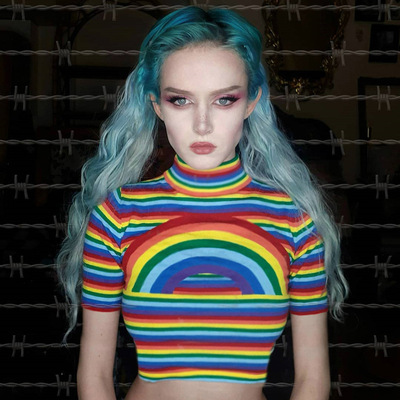 欧洲站潮牌彩虹高领短袖条纹紧身露脐T恤嘻哈潮女不撞衫五彩体恤-淘宝网
