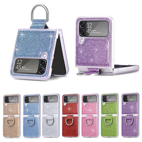 Z Flip4 Girls Shiny Glitter Bling Synthetic Leather Wirt Ring Finger Holder Samsung Phone Case