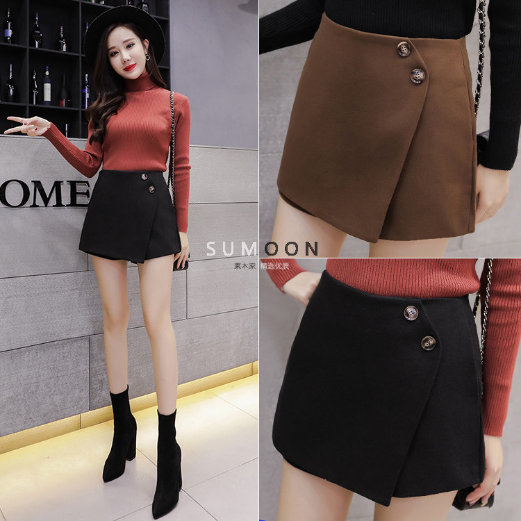 單排扣不規則短裙A字百搭半身裙子秋鼕毛呢高腰韓版防走光褲裙女