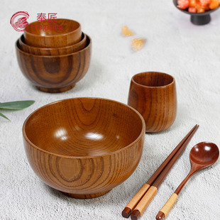 酸枣木碗儿童家用套装实木饭碗木质复古大号日式木头碗餐具纯手工